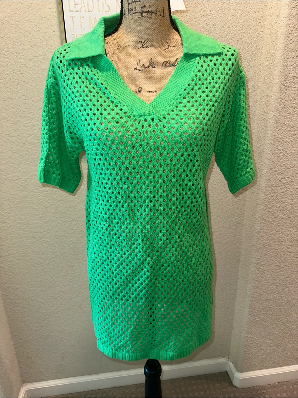 Green Open-Knit V-Neck Shirt